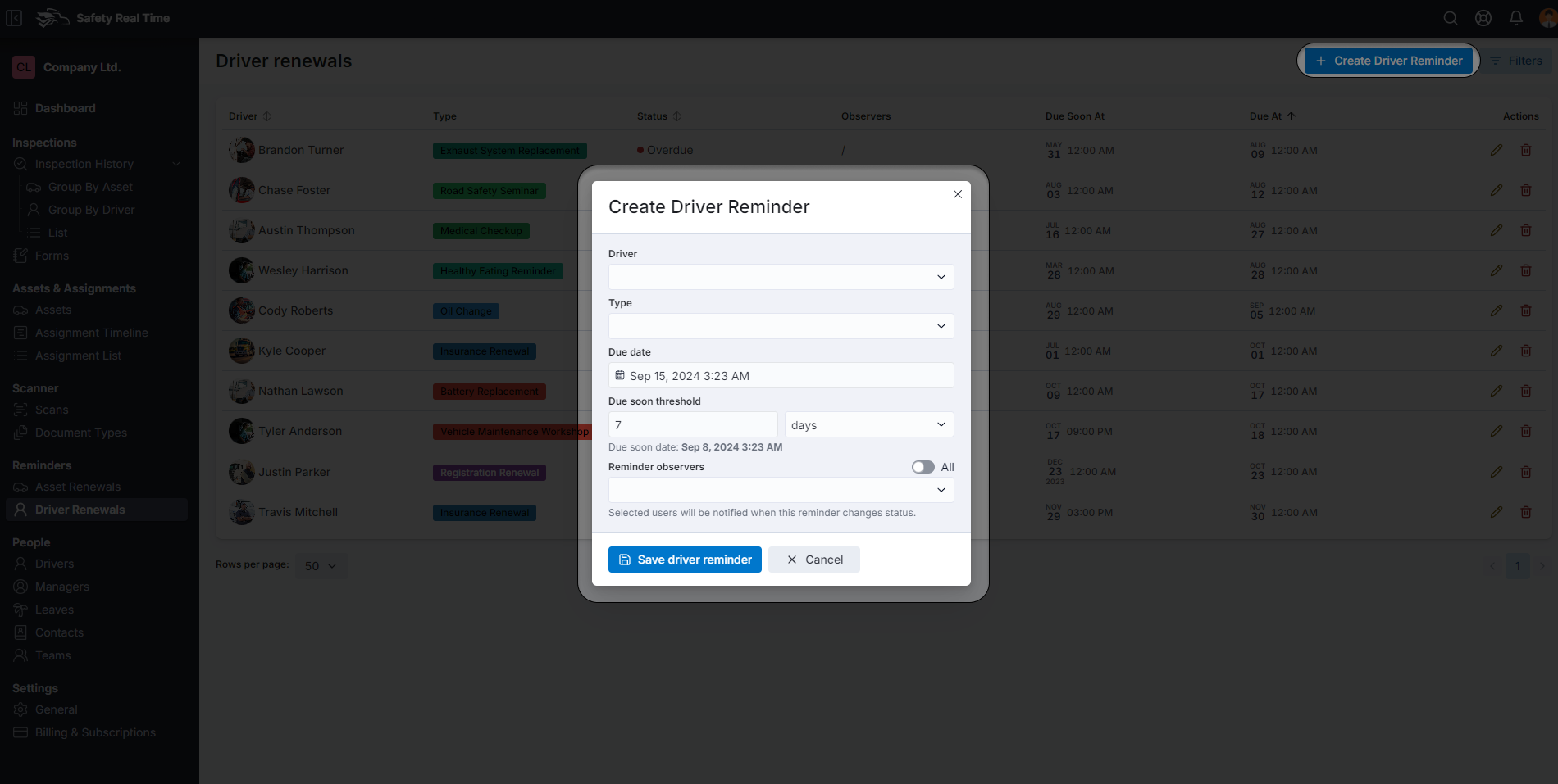 Creating a Driver Reminder